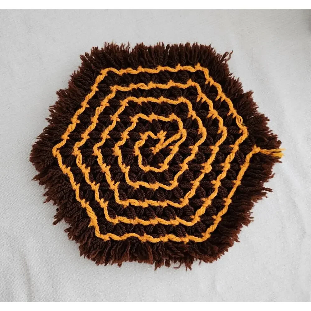 VTG Doily Retro Crochet Yarn Knitted 70s Brown Fringe Hexagon Boho Trivet